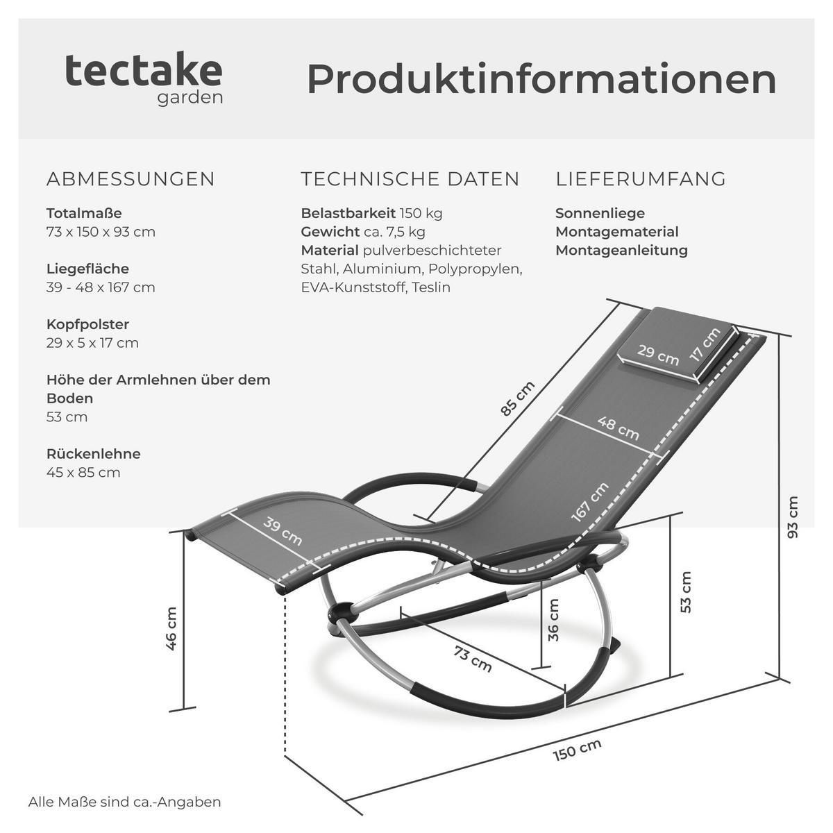 SONNENLIEGE Paulina, 150 x 73 x 93 cm, grau - Grau, Metall (73/93/150cm) - tectake