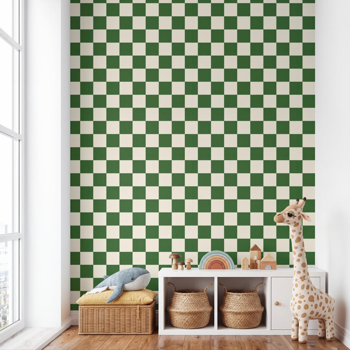 KINDERTAPETE - Schachbrett - Muster - Grün - 220x260 cm - Grün, Papier (220/260cm) - OnlyWow