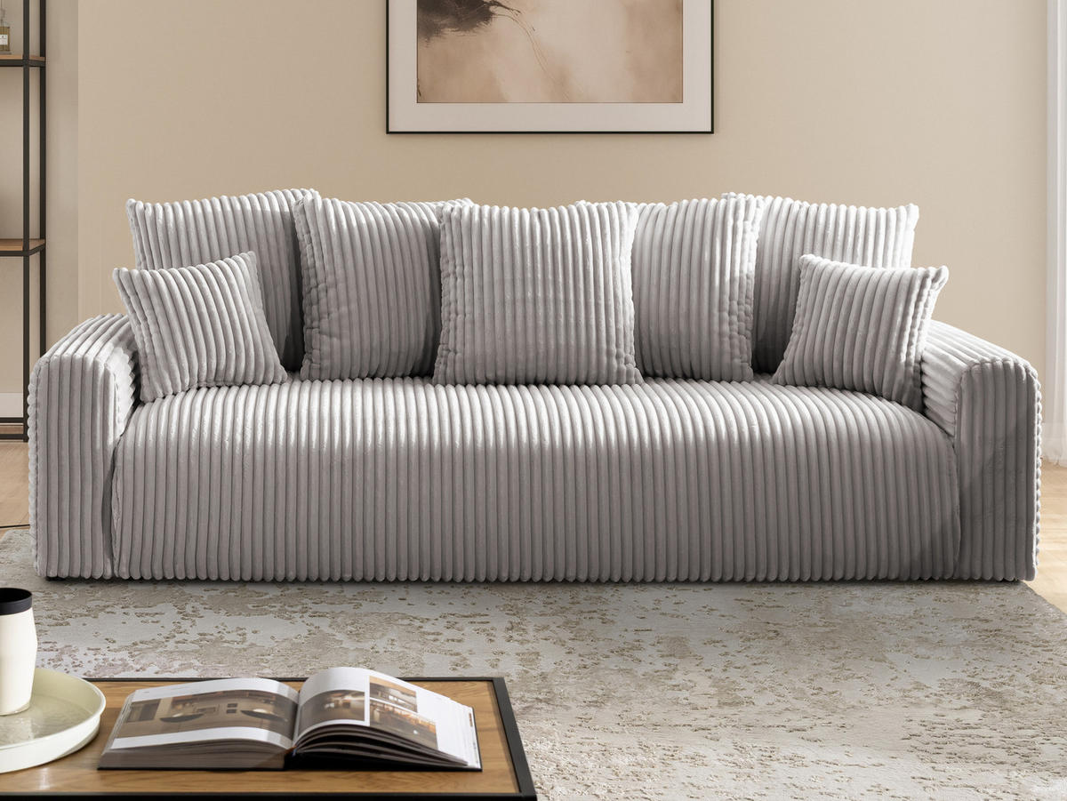 SCHLAFSOFA Calma mit Bettkasten im Bumpy-Design aus weichem Hellgrau Plüschcord - Hellgrau/Schwarz, Holz/Kunststoff (239/88/98cm) - S-Style