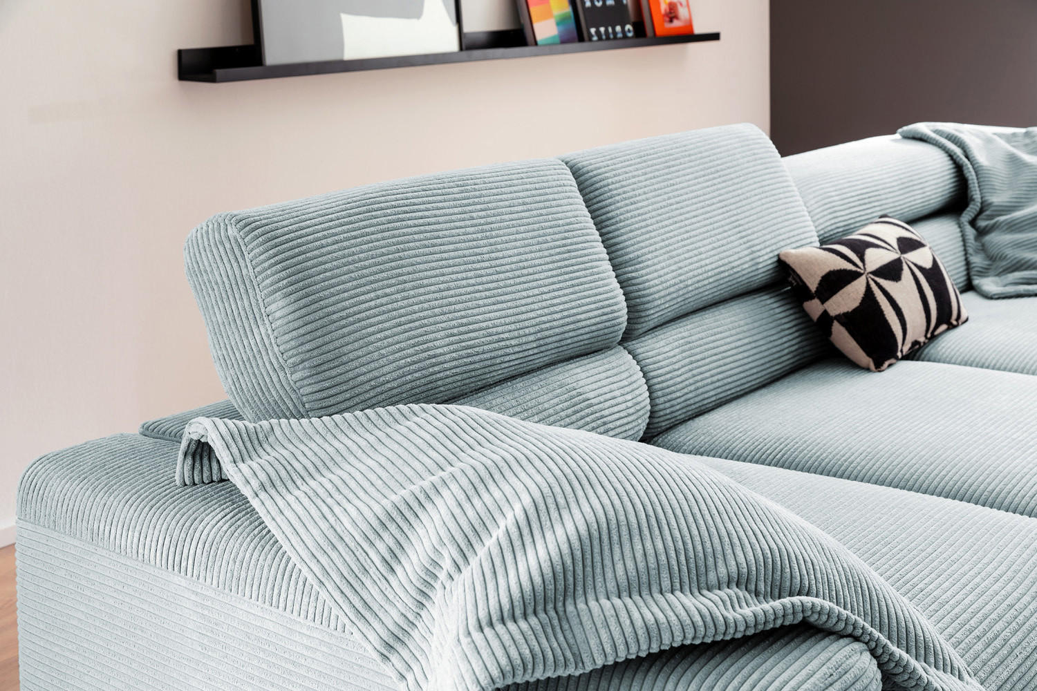 ECKSOFA MIT MOTORISCHEM SITZVORZUG DELIA Hellblau Cord - Schwarz/Hellblau, Textil/Metall (312/219cm) - KAWOLA