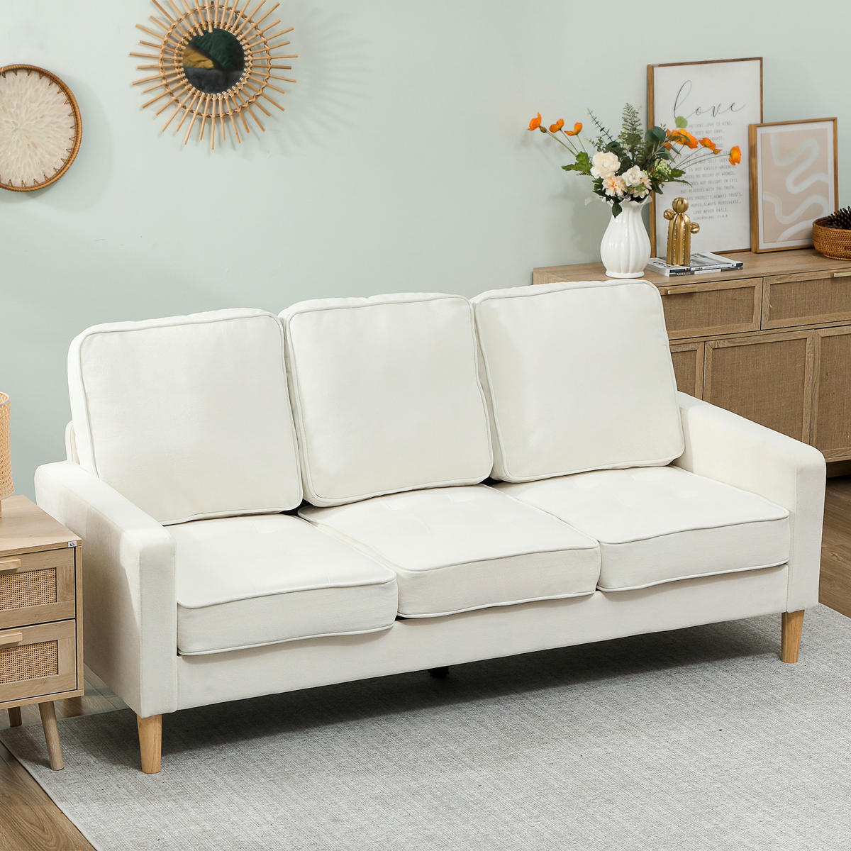 3-SITZER Sofa, Couch mit Armlehnen, Getufteter Rückenlehne, Samtoptik, Creme - Creme/Naturfarben, Holz/Textil (79/82/185cm) - HOMCOM
