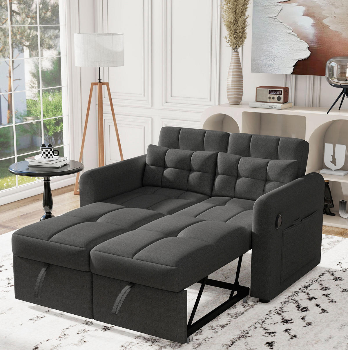 SCHLAFSOFA 142/85/83 cm in Grau – 3-in-1 ausziehbar mit USB und verstellbarer Rückenlehne - Grau, Textil (85/83/142cm) - BEAOK