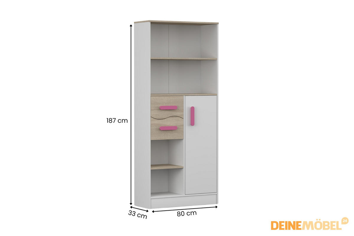 REGAL MIKI 05 Korpus Weiß | Griffe Rosa - Rosa/Weiß, Holz/Holzwerkstoff (80/187/33cm) - Deine Möbel 24