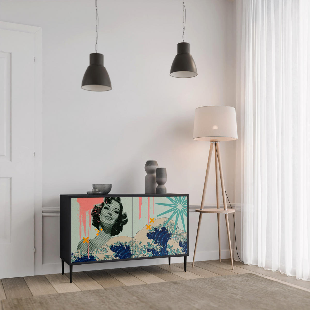 SIDEBOARD KANAGAWA BEAUTY, Graue Oberfläche, 111x42x57,5 cm, 2 Türen - Grau, Holzwerkstoff (111/57.5/42cm) - SpaceRebels