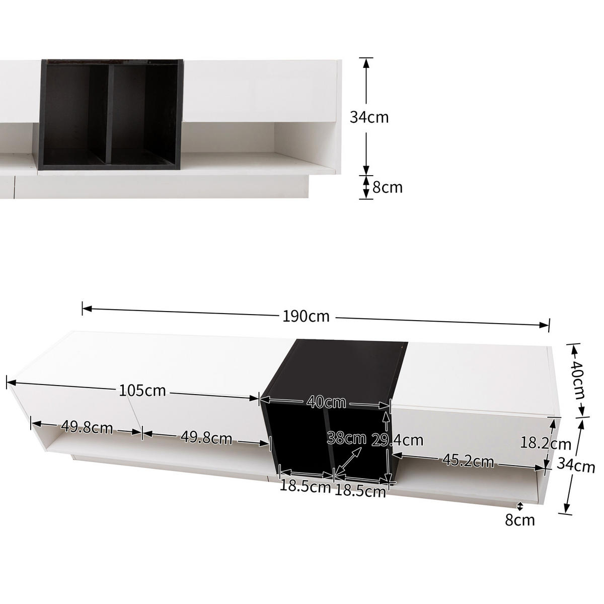 TV Lowboard 190x40x34 cm, 3 Schubladen, Weiß Schwarz - Weiß, Glas (190/34/40cm)