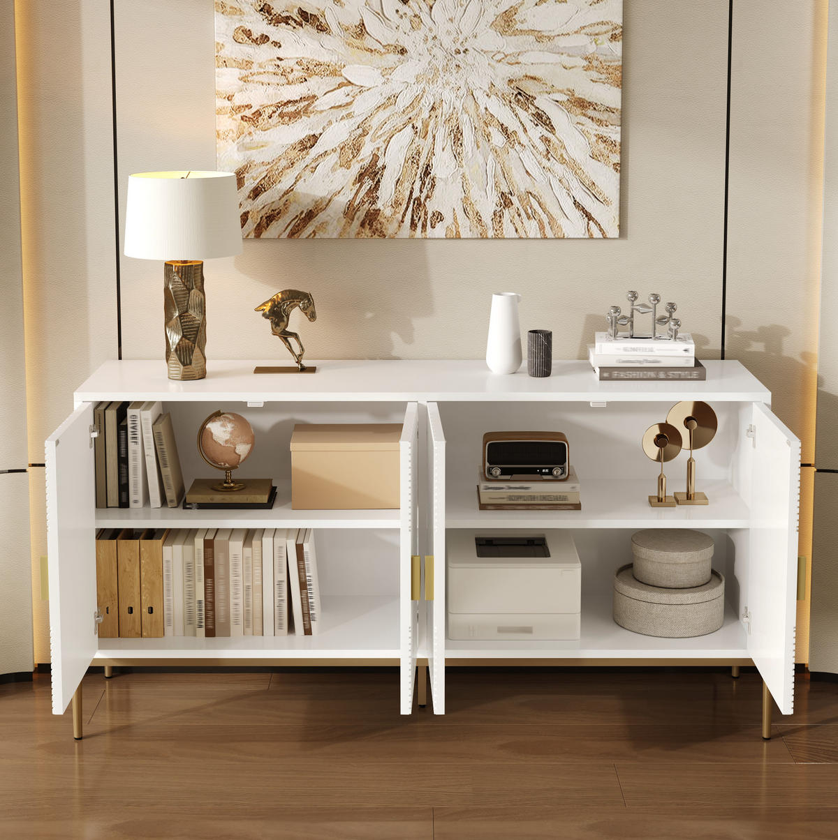 SIDEBOARD 162/40/80 cm in Weiß mit 4 Türen und goldfarbenen Metallbeinen - Weiß, Holzwerkstoff (162/80/40cm) - Flora Grace