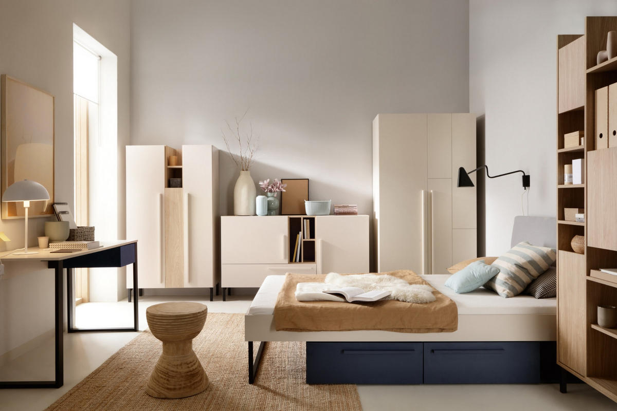 KINDERSCHREIBTISCH SORENTO 08 multifunktional in Sandbeige/Geölte Eiche/Royalblau - Eichefarben/Beige, Holzwerkstoff (249/75/135cm) - Deine Möbel 24