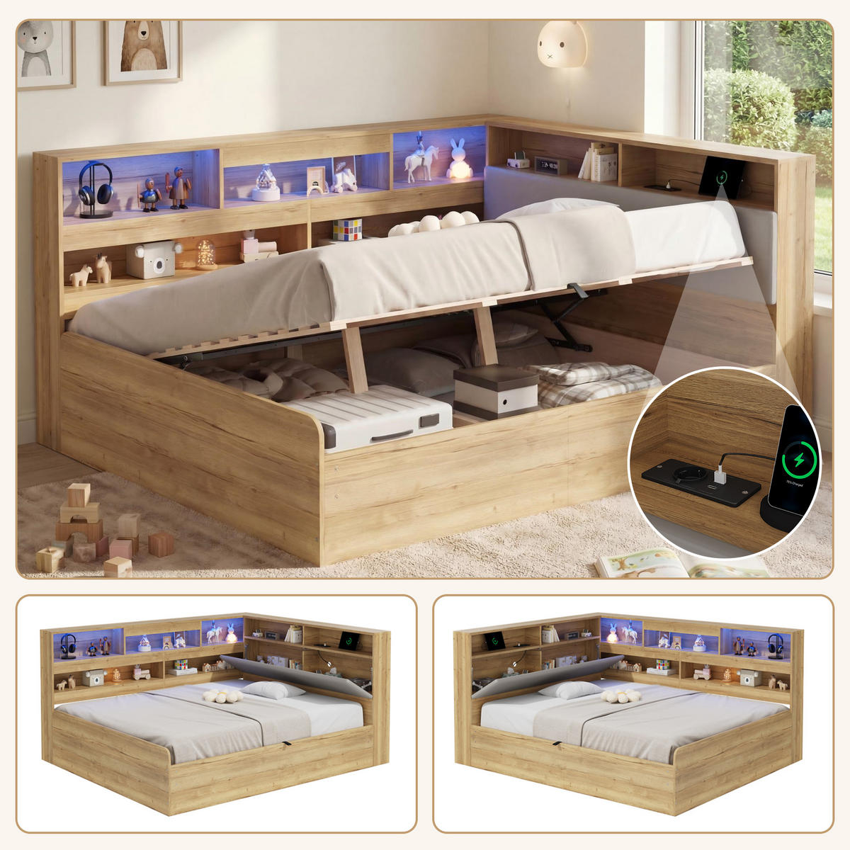 BETT 140/200 cm in Natur mit Stauraum, LED und USB - Naturfarben, Holzwerkstoff/Textil (140/200cm) - WISHDOR