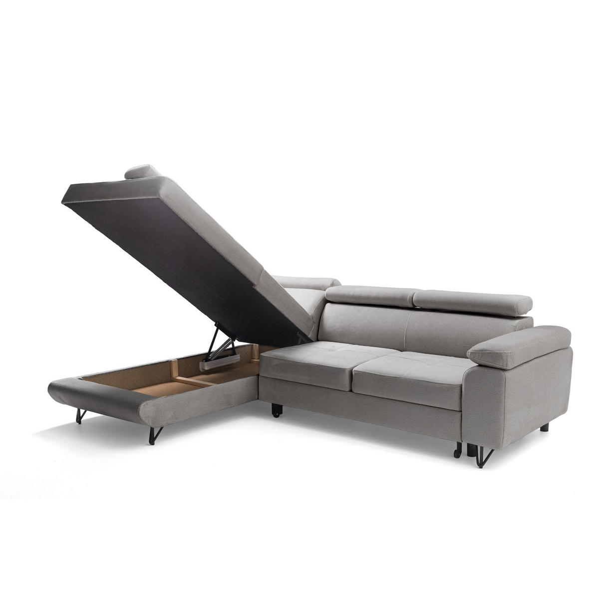 ECKSOFA JUNIOR L Links mit Schlaffunktion 194x128 Velours Hellgrau - Hellgrau/Schwarz, Holz/Textil (249/184cm) - Muffo