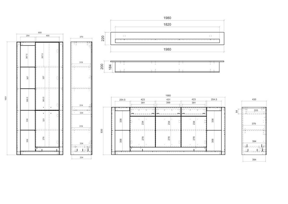 WOHNWAND weiß matt, Evoke Eiche, Wohnkombination Set 3-teilig 298 cm - Eichefarben/Silberfarben, Glas/Holzwerkstoff (298/195/43cm) - Furn.Design