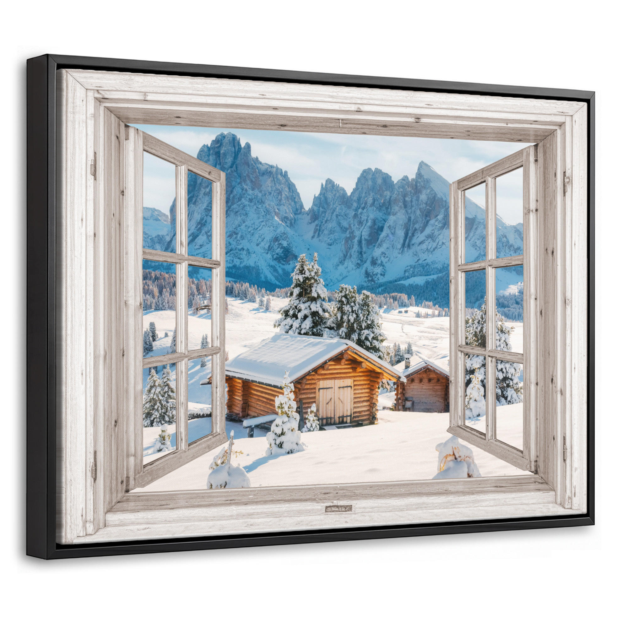 LEINWAND Bilder mit Rahmen - Winterlandschaft - Hütte - Berge - Ausblicke - Aussicht - Natur - 40x30 - Weiß Hochglanz, Textil (40/30cm) - MuchoWow