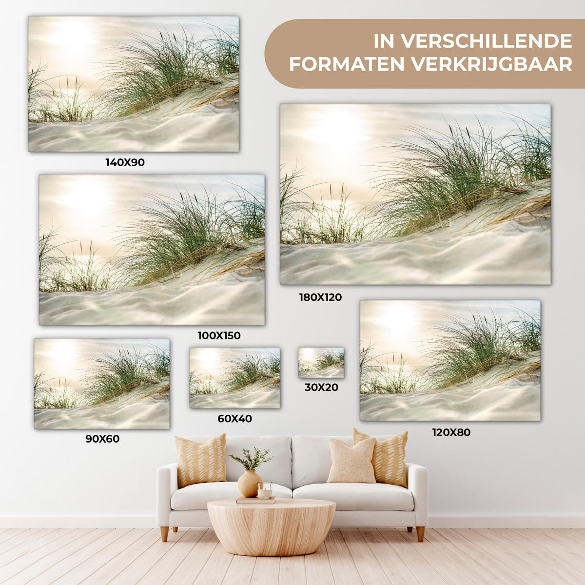 LEINWANDBILD Dünen mit Strandhafer in der Sonne des Nationalparks Schleswig-Holsteinisches Wattenmeer Deko Schlafzimmer 30x20 cm - Creme, Textil (30/20cm) - MuchoWow