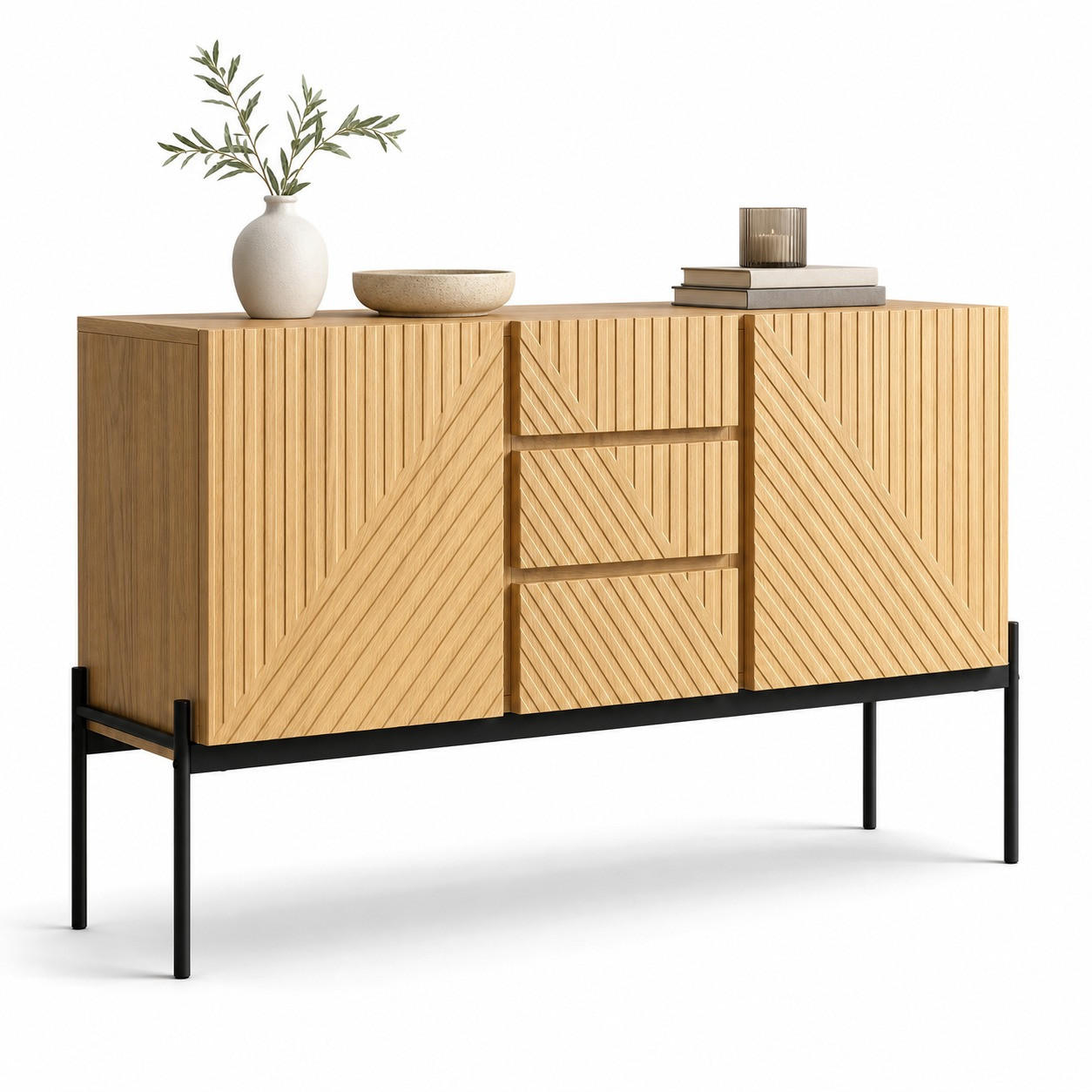 SIDEBOARD in Schwarz Standschrank mit 2 Türen, 3 Schubladen & Metallbeinen, mit Linien-Design, B140/T40/H75cm - Schwarz/Naturfarben, Holzwerkstoff/Metall (140/75/40cm) - STILVORA