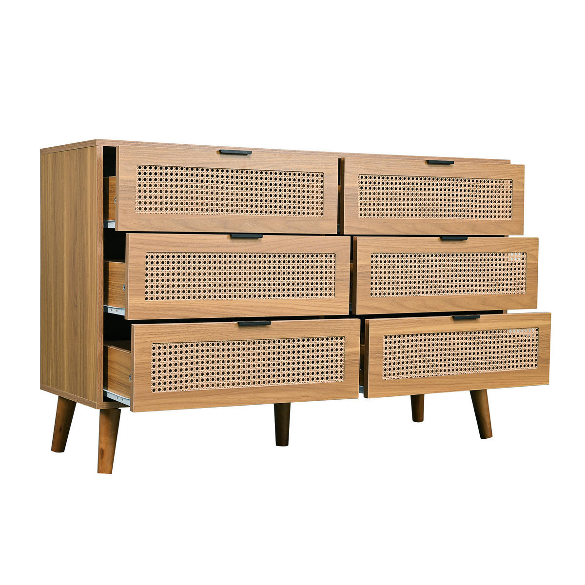 SIDEBOARD Kommode Rattan Retro Design 6 Schubladen Massivholzbeine Metallgriffe luxuriöses Plankenmaterial - Nussbaumfarben, Holzwerkstoff/Metall (120/76.5/40cm) - EVRYAE
