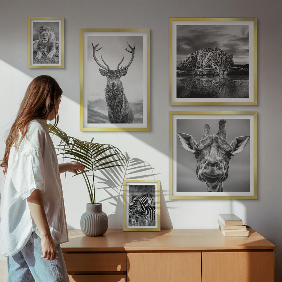 WANDBILDER 5er Set - 50x50 cm & 20x30 cm & 40x60 cm Goldrahmen - Wildtiere Löwe Jaguar Giraffe Zebras - Goldfarben, Kunststoff (40/60cm) - ArtPrintCave