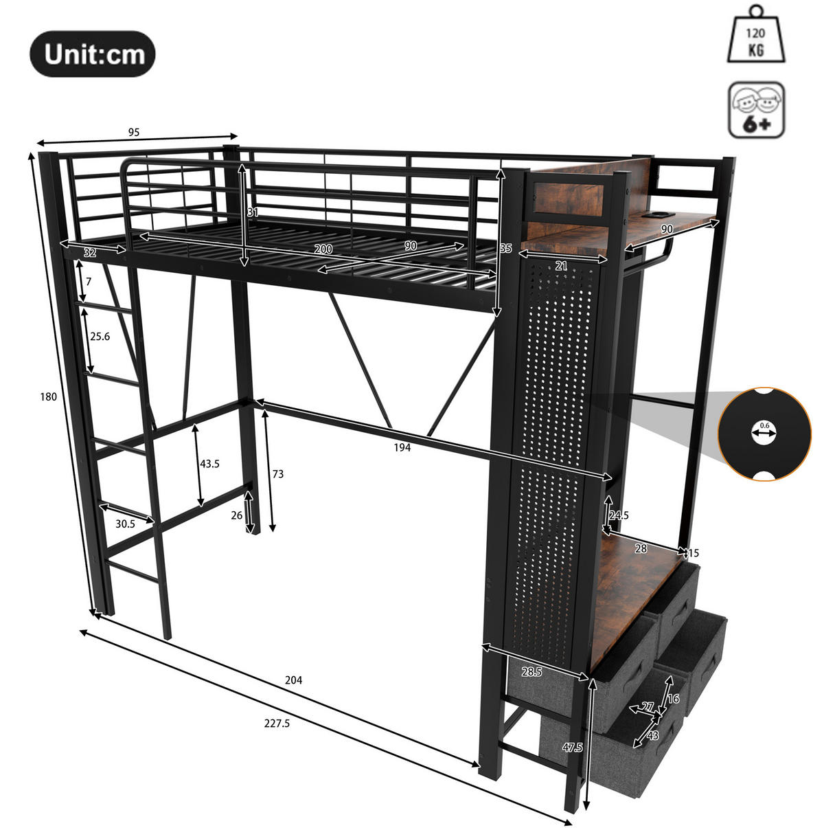 HOCHBETT 90/200 cm mit LED, USB-Type-C, 4 Schubladen, Lochbrett und Kleiderstange, Metall/MDF, Schwarz - Schwarz, Metall (90/200cm) - Redom