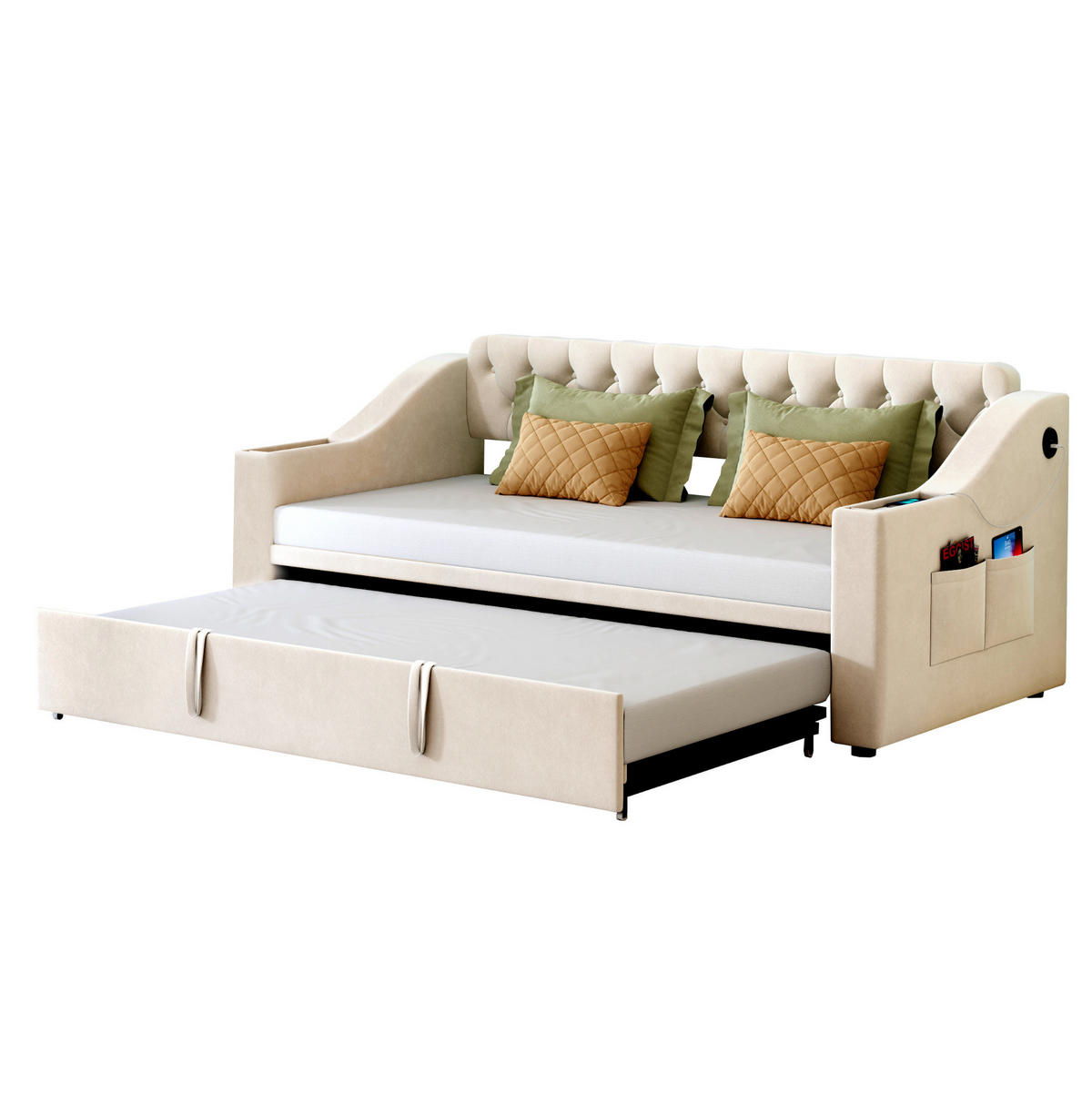 BETT 90/190 cm ausziehbar auf 180/190 cm mit USB und Lattenrost - Beige, Textil (90/180cm) - BEAOK