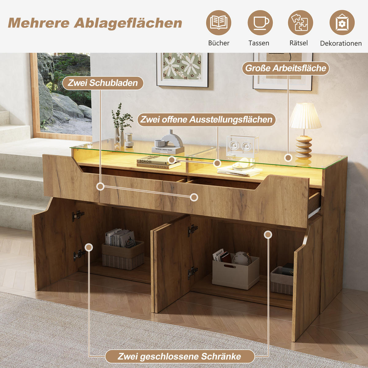 SIDEBOARD in Holzoptik Aufbewahrungsschrank mit 2 Schubladen und gehärteter Glasplatte, 140/40/70cm,für Esszimmer & Wohnzimmer - Naturfarben, Glas/Holzwerkstoff (140/70/40cm) - STILVORA