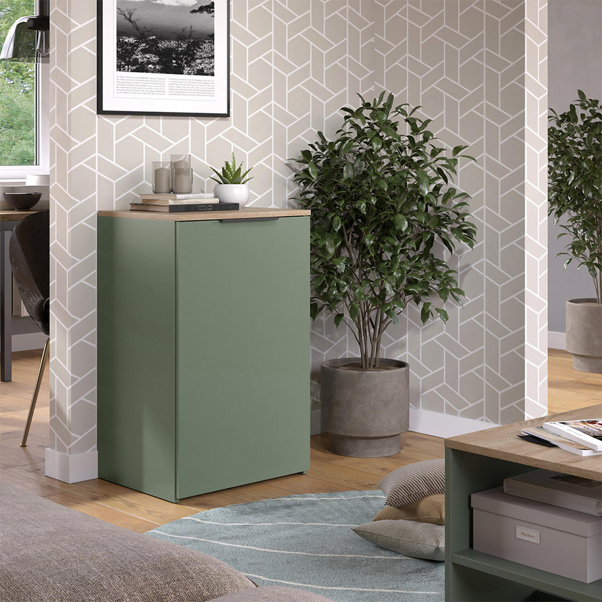 KOMMODE Wido Grün 50 x 80 cm mit Regal - Grün/Sonoma Eiche, Holzwerkstoff (50/80/40cm) - Vicco