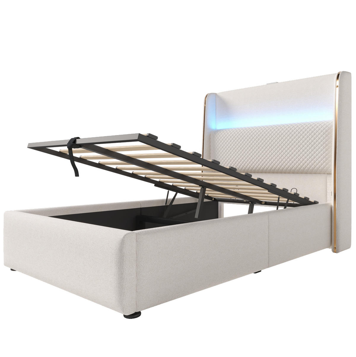 POLSTERBETT 90/200 cm in Beige mit Stauraum, LED-Beleuchtung und Matratze - Beige, Textil (90/200cm) - Flora Grace