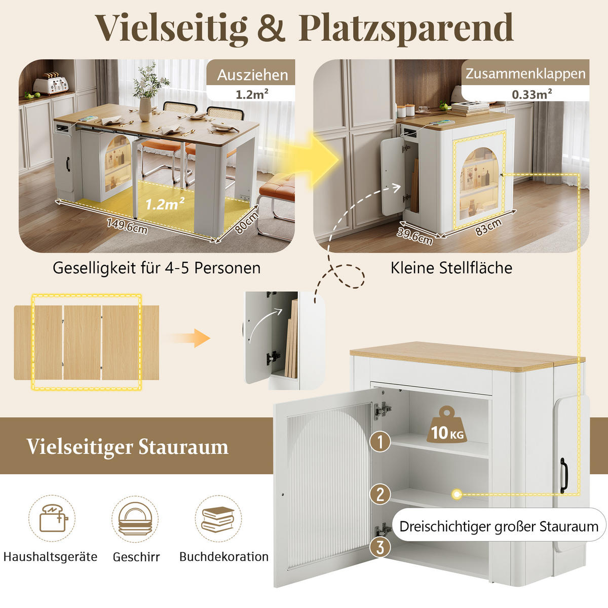 KÜCHENINSEL Mobile & Ausziehbarer Esstisch (4-in-1) mit LED, Steckdose & Stauraum - Weiß, Glas/Holzwerkstoff (83/77/39.6cm) - Urban Meuble