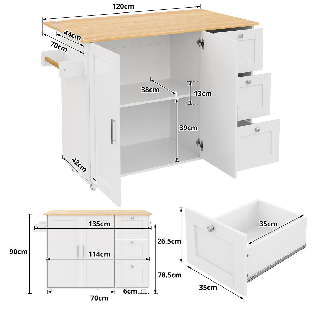 KÜCHENINSEL 135/44(70)/90 cm Weiß/Natur aus MDF mit Klappfunktion - Weiß, Holzwerkstoff (44/90/135cm) - OKMYHOME