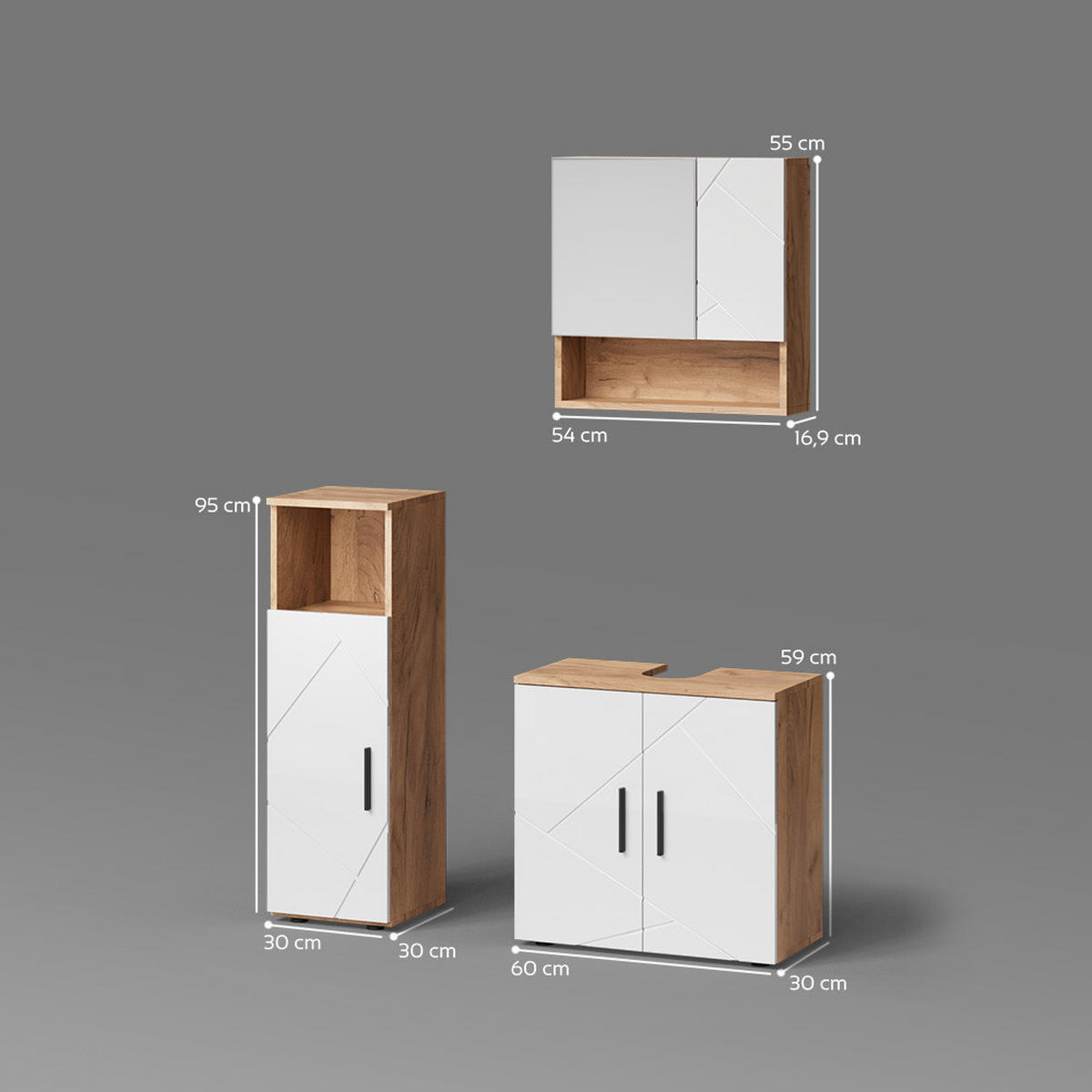 BADMÖBEL-SET Ronco Weiß Hochglanz/Goldkraft Eiche 3 Teile - Weiß Hochglanz/Eiche Wotan, Holzwerkstoff (60/59/30cm) - Livinity®