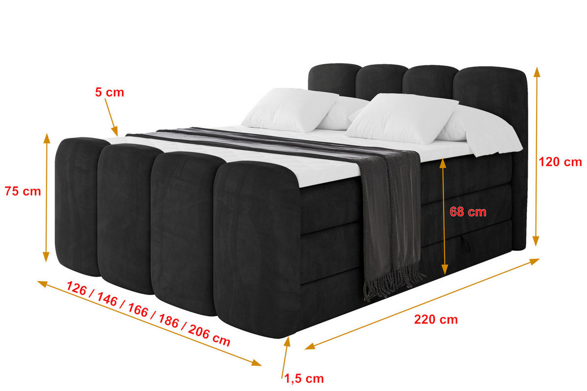 BOXBETT mit Matratze H3|H4 - NINA-Z KING - 140x200 cm - Schwarz - Schwarz Hochglanz, Holzwerkstoff (140/200cm) - ALTDECOR
