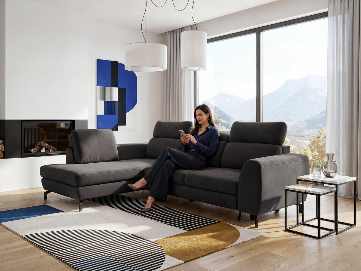 ECKSOFA ANTE Links, mit Schlaffunktion und Bettkasten, Dunkelgrau - Dunkelgrau, Textil/Metall (266/184cm) - Idohome