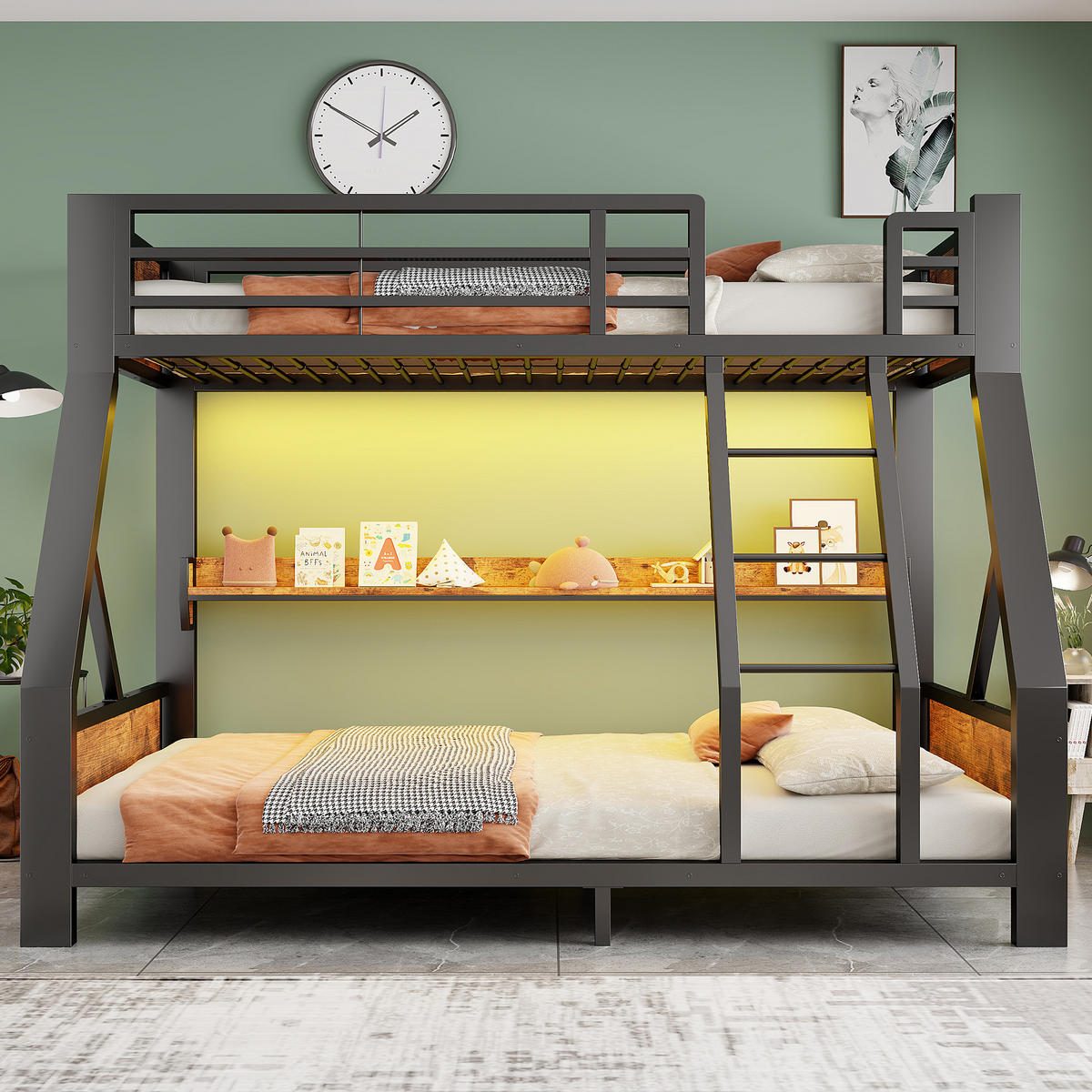 ETAGENBETT aus Metall 90x200 / 140x200 cm Schwarz mit LED-Beleuchtung und Ablagefach - Schwarz, Metall (90/200cm) - Modfu