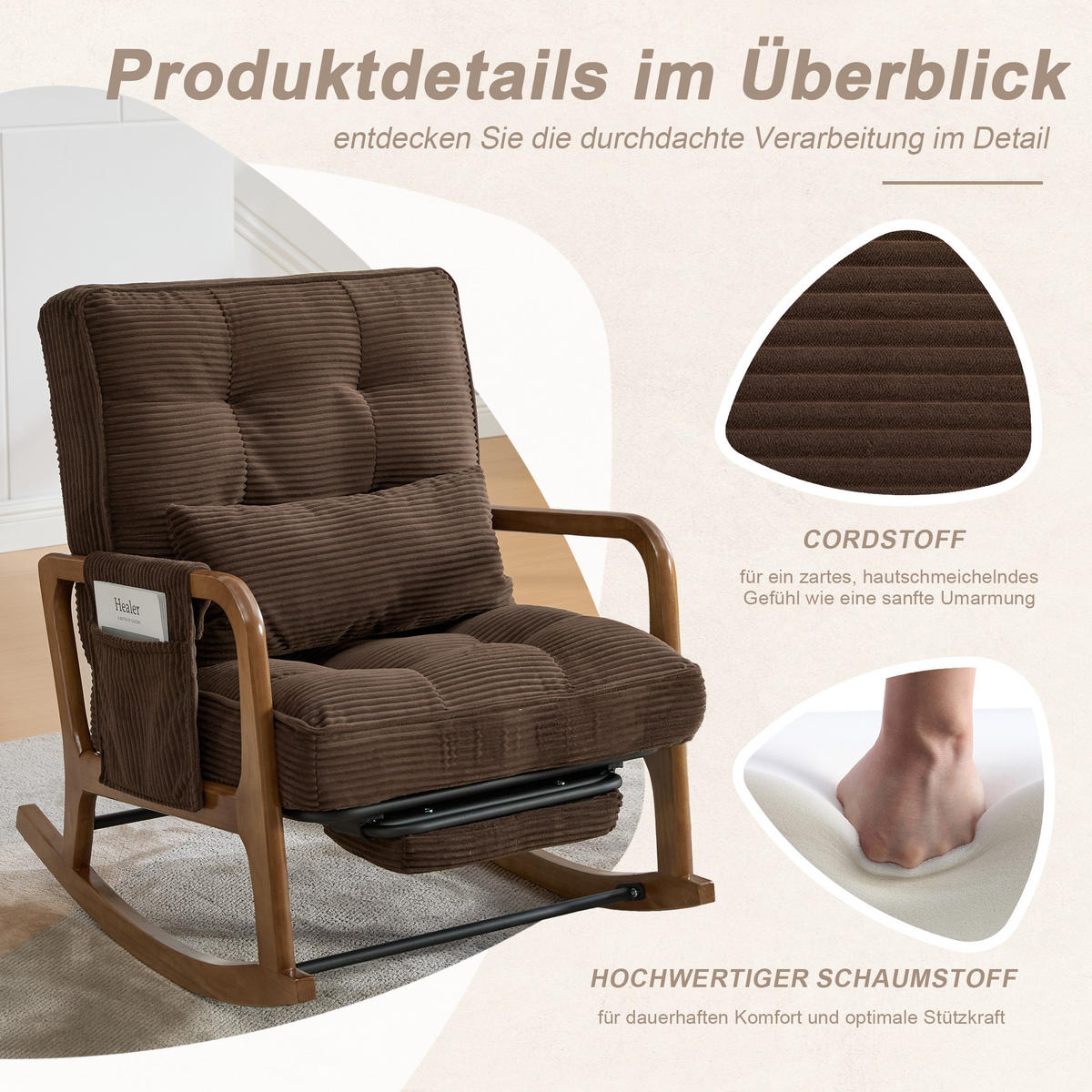SCHAUKELSTUHL Kaffee Cord mit Fußstütze, Seitentaschen und verstellbarer Lehne - Mokka, Textil (80/92/70cm) - Oxeza