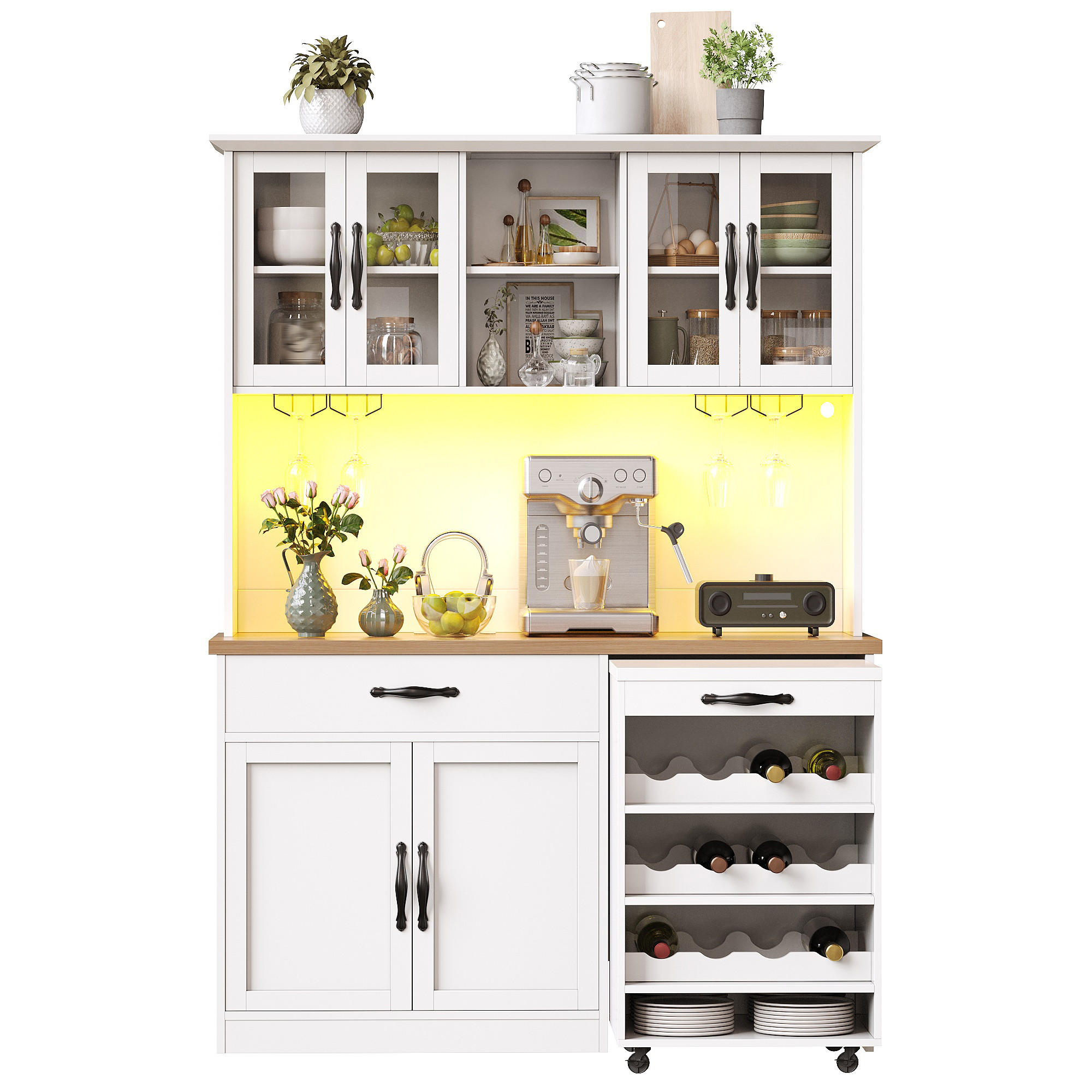 BUFFET DE-38449 140/38/180 cm mit LED-Beleuchtung und Rollwagen Weiß - Weiß, Holzwerkstoff (140/180/38cm) - ComfortXL