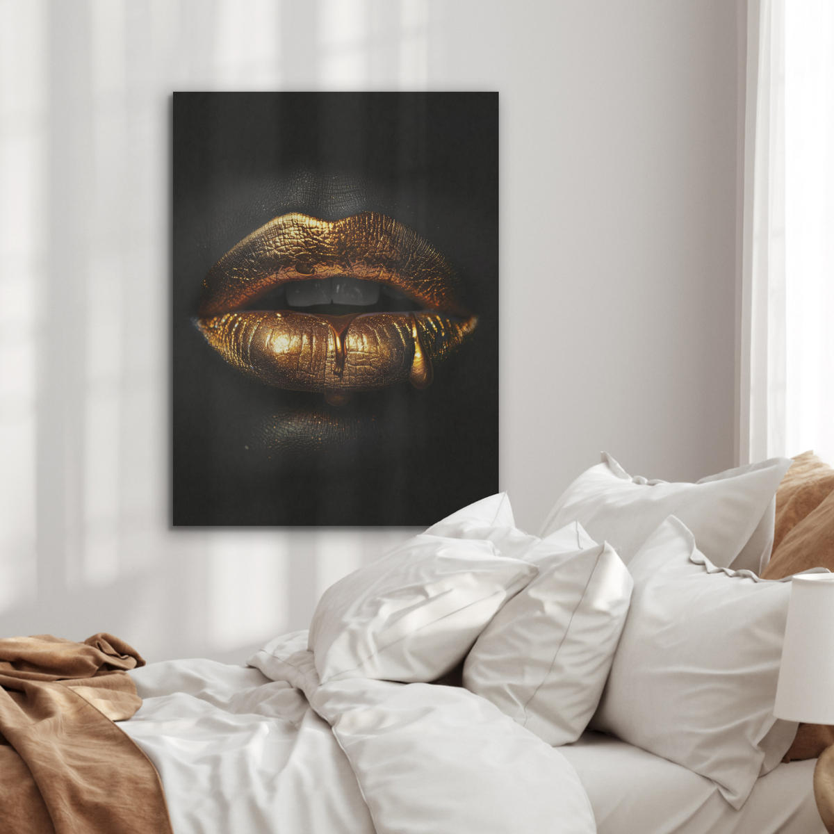 AKUSTIKPANEEL Frau - Porträt - Lippen - Gold - Schwarz 60x80 cm - Schwarz, Textil (60/0.9/80cm) - MuchoWow