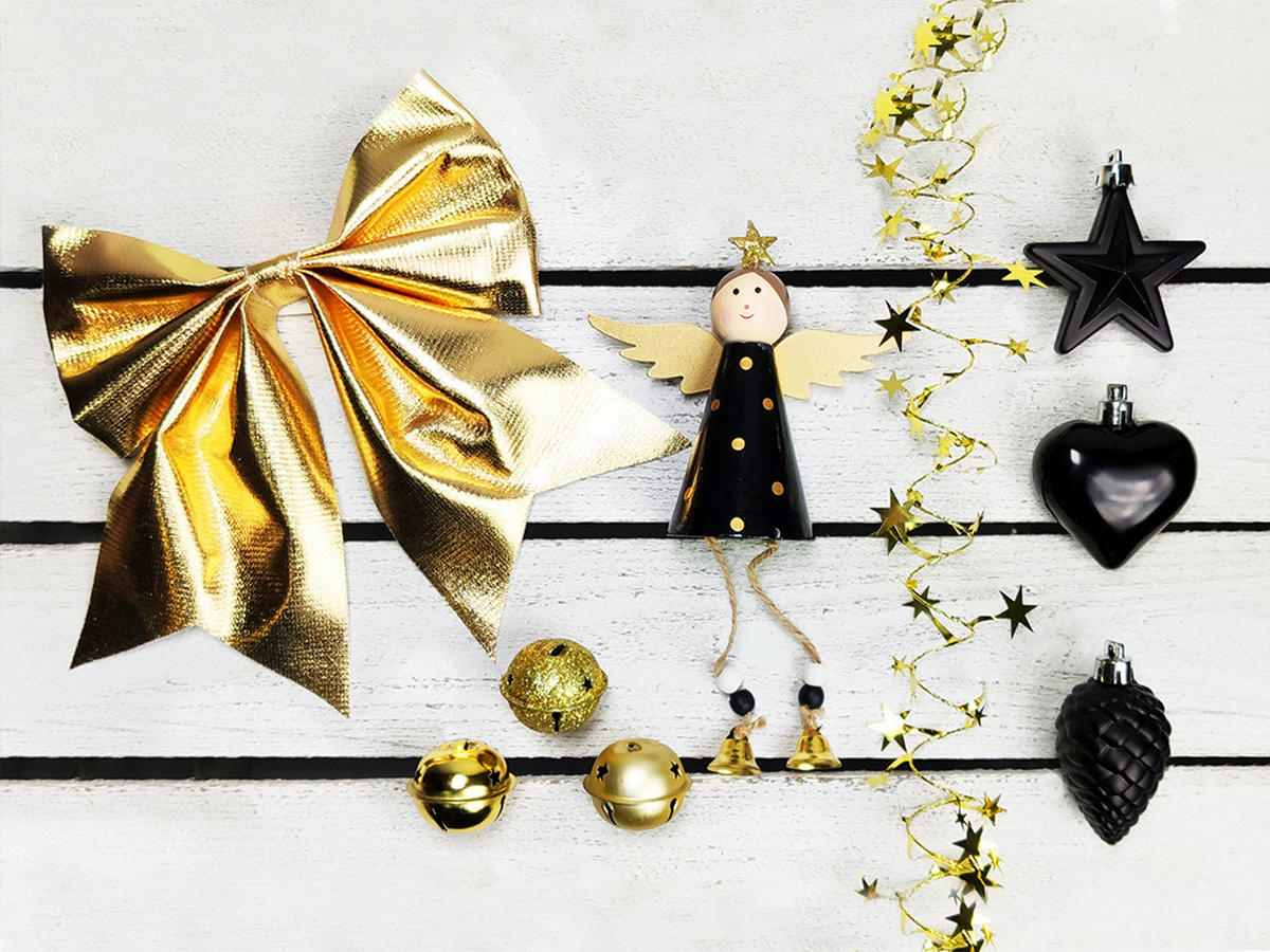 WEIHNACHTSBAUM künstlicher 60 cm mit LED-Beleuchtung, NACHTHIMMEL, mit 37 Weihnachtsbaumschmuck, Pflanztopf mit Jutesack - Goldfarben/Schwarz, Kunststoff/Stein (40/60cm) - LAALU