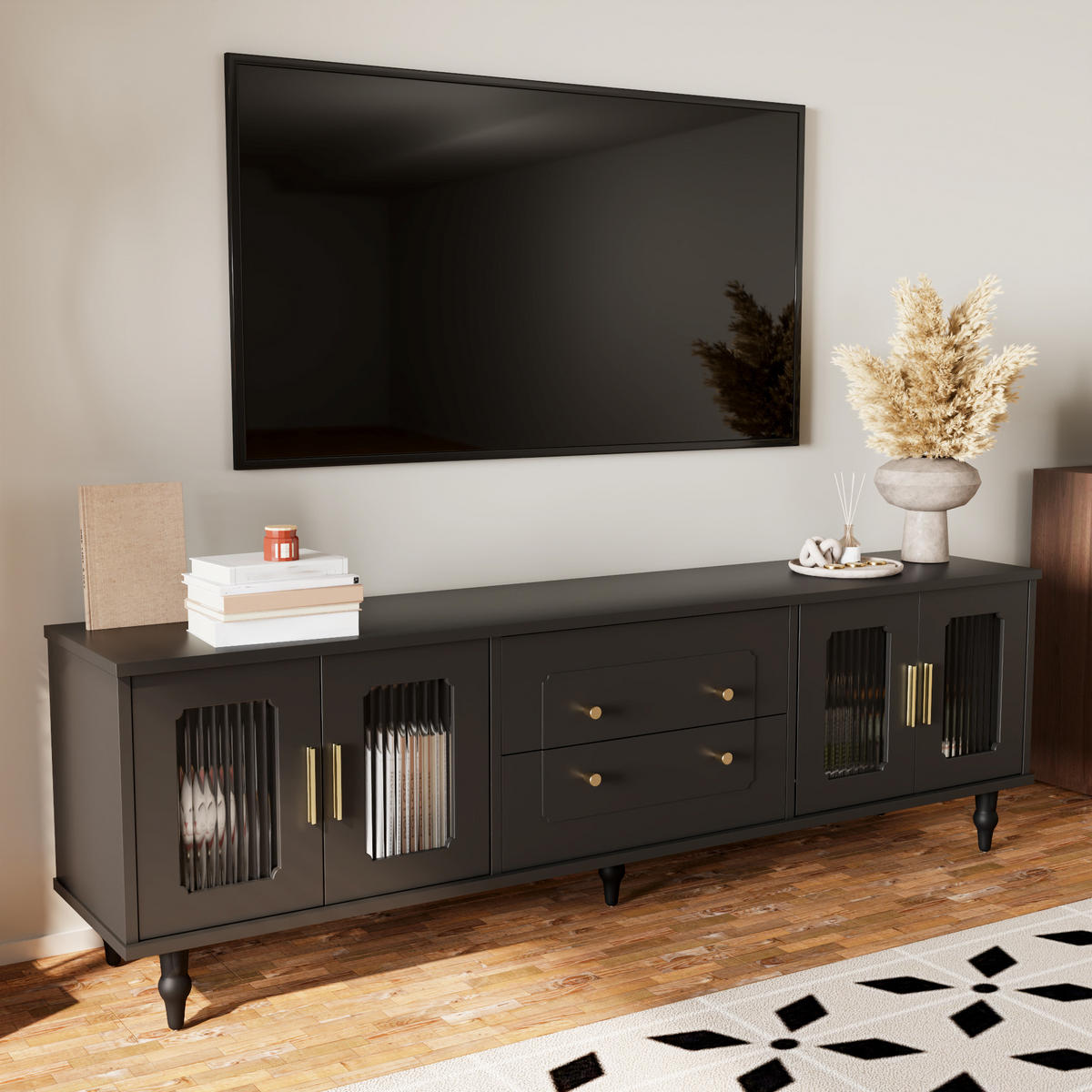 TV-LOWBOARD Retro Glas Tür Holzbeine - Schwarz, Holzwerkstoff (175/55.5/38cm) - LEBENLANG