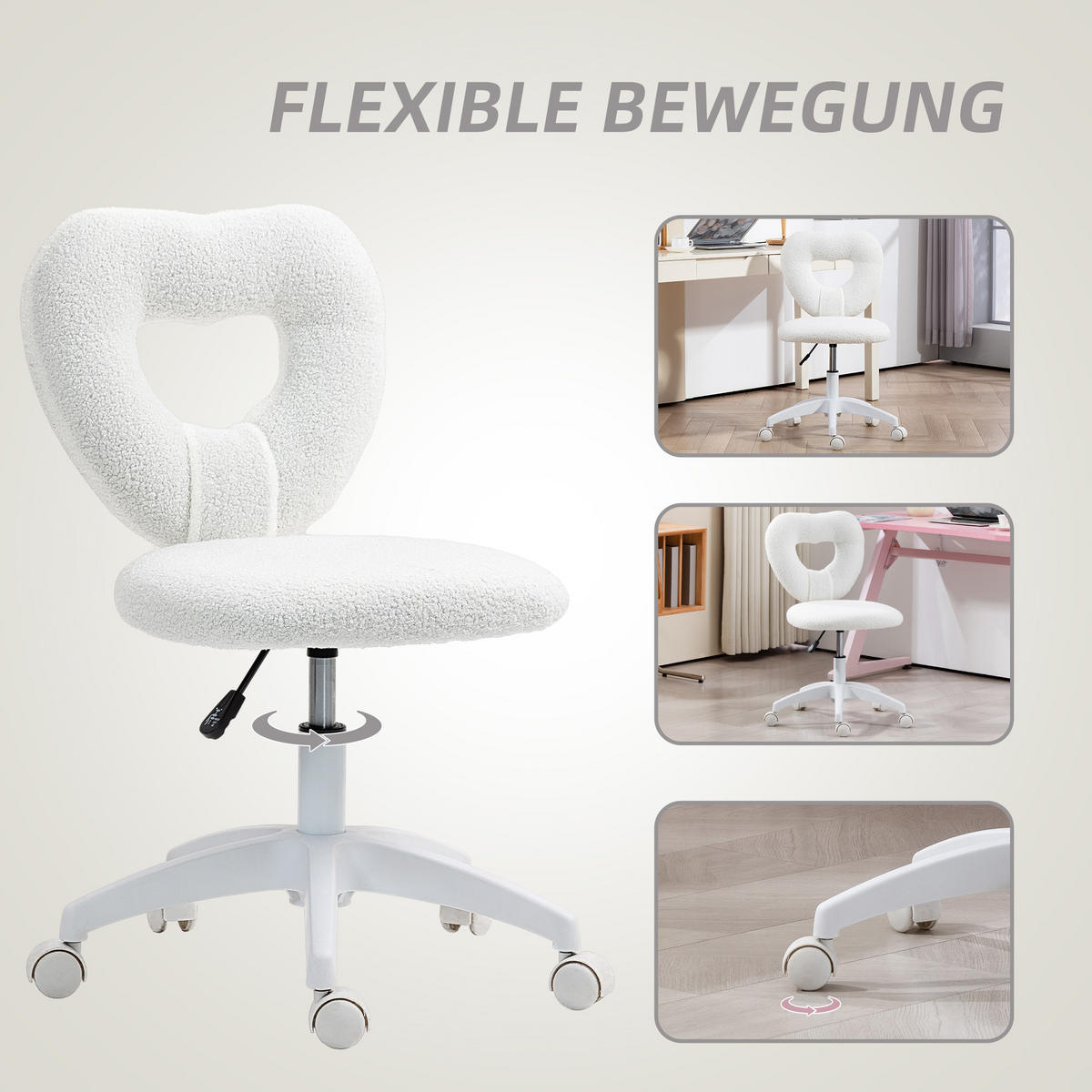 SCHREIBTISCHSTUHL Bürostuhl Drehbar Homeoffice Stuhl mit Herzförmige Rückenlehne - Weiß, Kunststoff (45/88/56cm) - HOMCOM