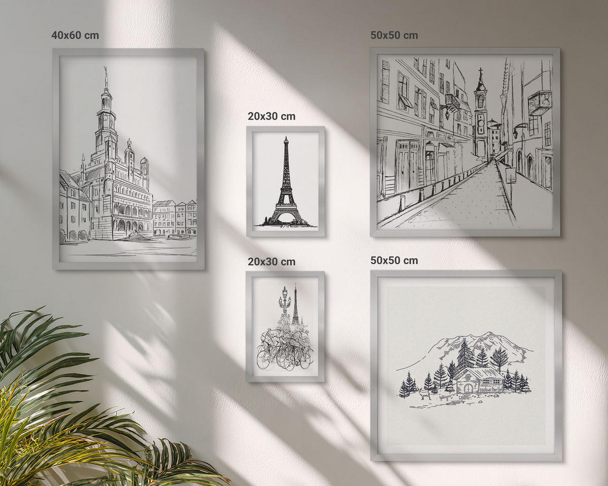 WANDBILDER 5er Set - 50x50 cm & 20x30 cm & 40x60 cm Silberner Rahmen - Abstrakte Gemäldekompositionen - Silberfarben, Kunststoff (40/60cm) - ArtPrintCave