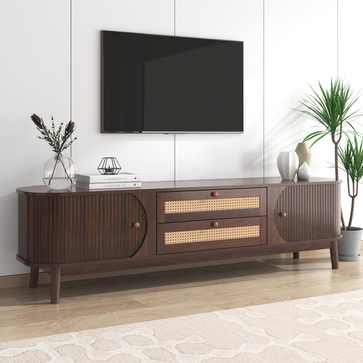 TV-SCHRANK aus MDF 170x39,5x46 cm Natur mit Türen, Schubladen und Rattanfronten - Naturfarben, Holzwerkstoff (170/46/39.5cm) - Modfu