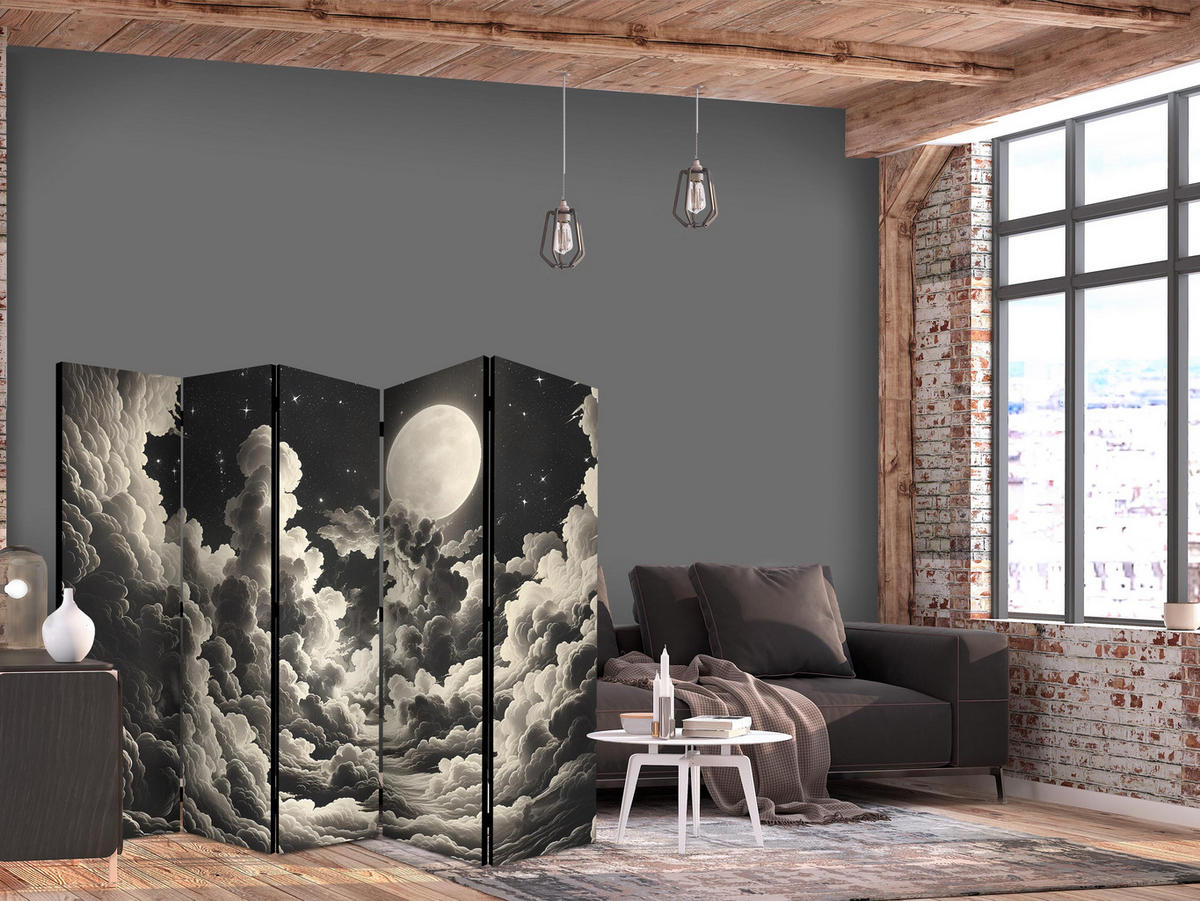 PARAVÁN Akustický 5-Dielny 225x172 cm Mesiac za Oblakmi - čierna, drevo/textil (225/172/3cm) - Muralo