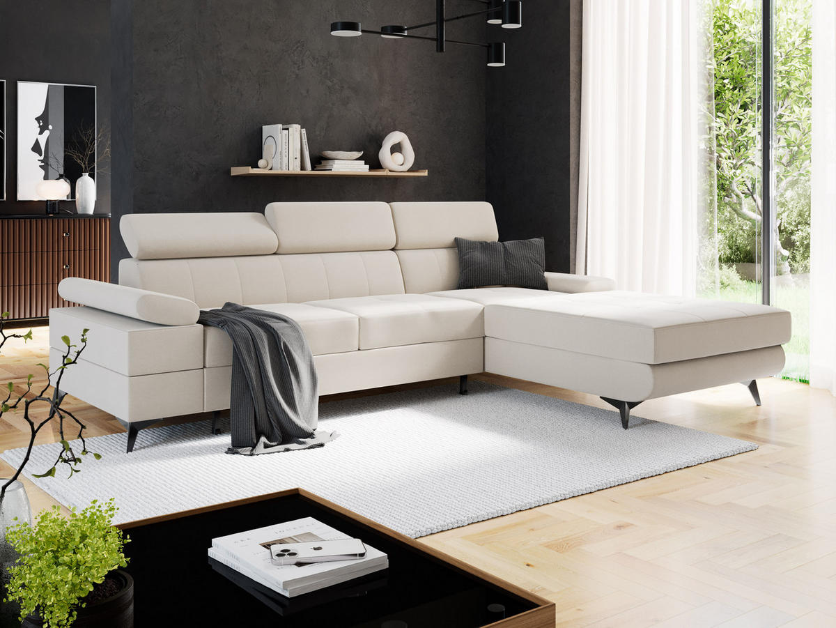 ECKSOFA VENTO Rechts Ecru Velours Easy Clean L-Form Couch mit Schlaffunktion & Bettkasten - Ecru/Schwarz, Holz (261/190cm) - Barchello