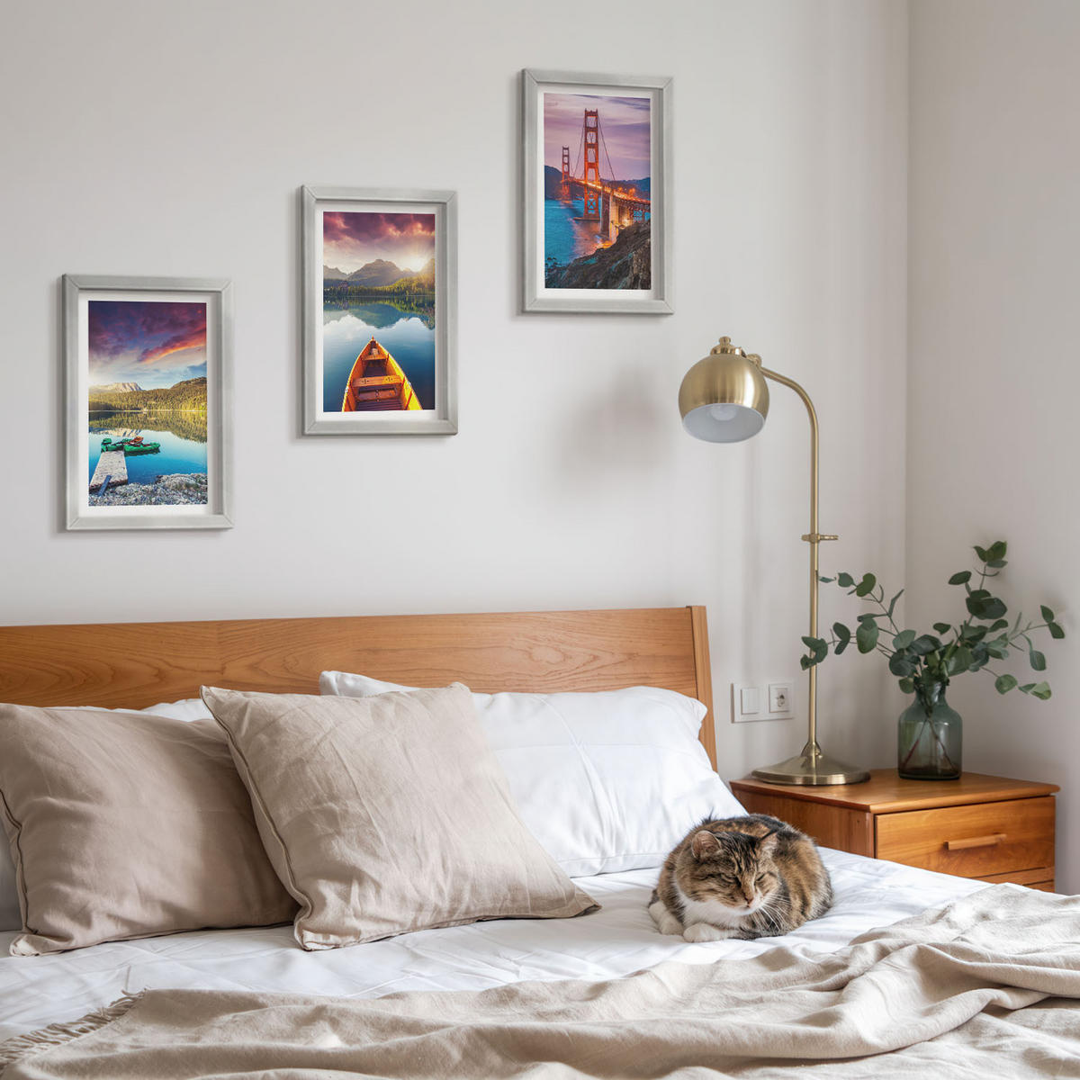 WANDBILDER 3er Set - 20x30 cm Silberner Rahmen - Bergblick auf den See und die Brücken - Silberfarben, Kunststoff (20/30cm) - ArtPrintCave
