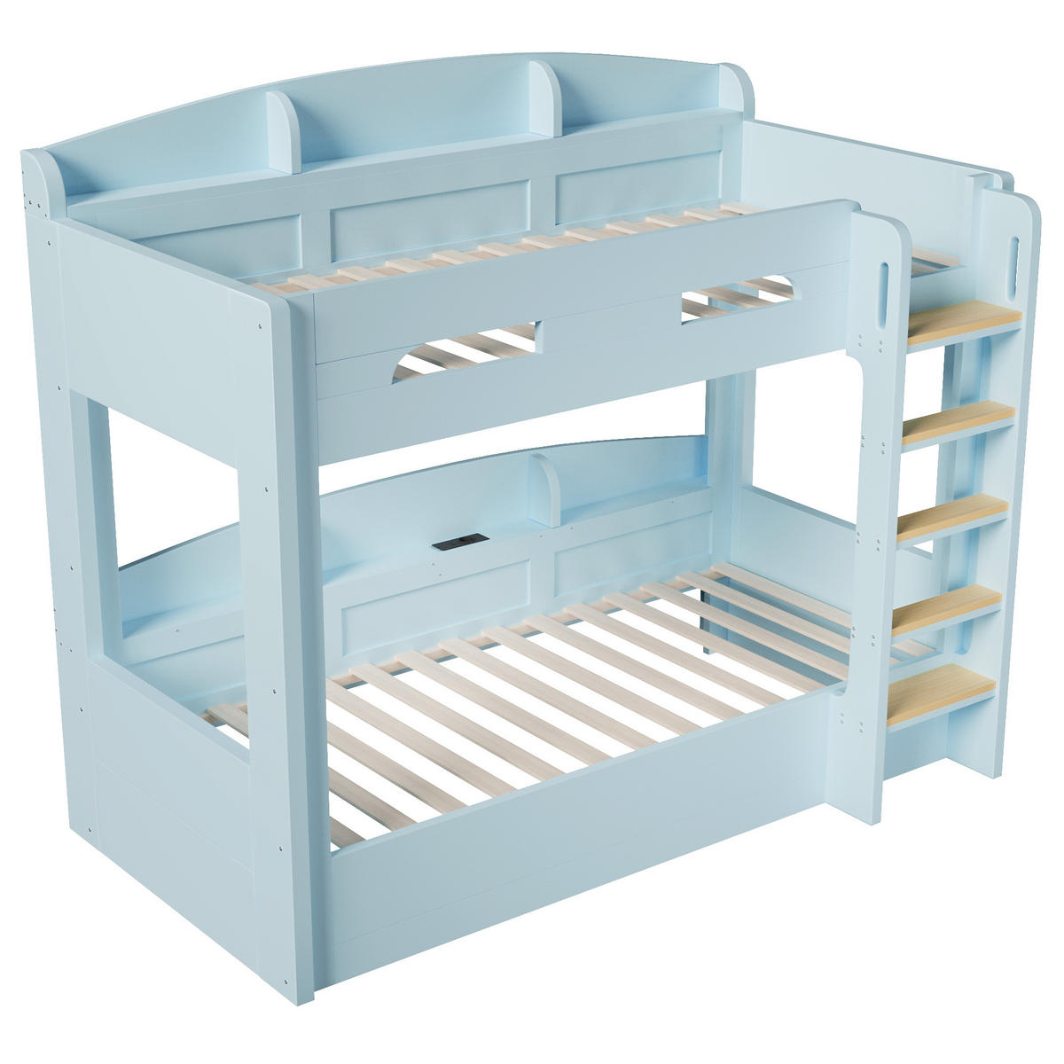 HOCHBETT hellblau 90 × 200 cm aus MDF‑Kiefernholz mit Unterbett, USB‑Steckdose und oberen‑unteren Ablagefächern - Blau, Holzwerkstoff (90/200cm) - Luhomfu