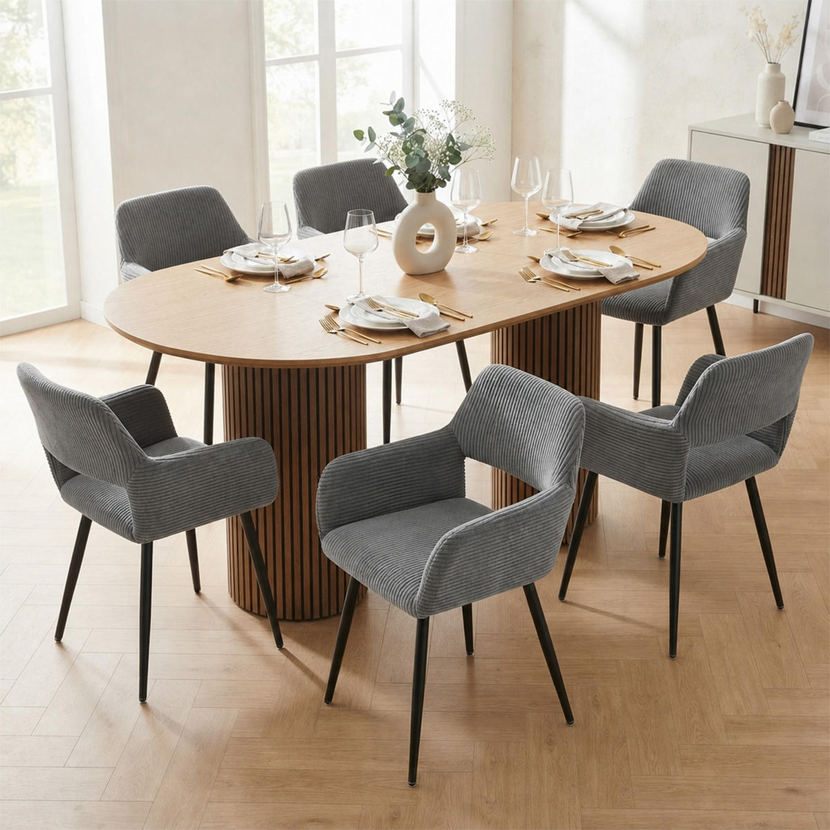 ESSZIMMERSTÜHLE 6er-Set, gepolstert, Cordbezug, Metallbeine, Grau - Grau, Textil/Metall (56/78/56cm) - Meubles Cosy