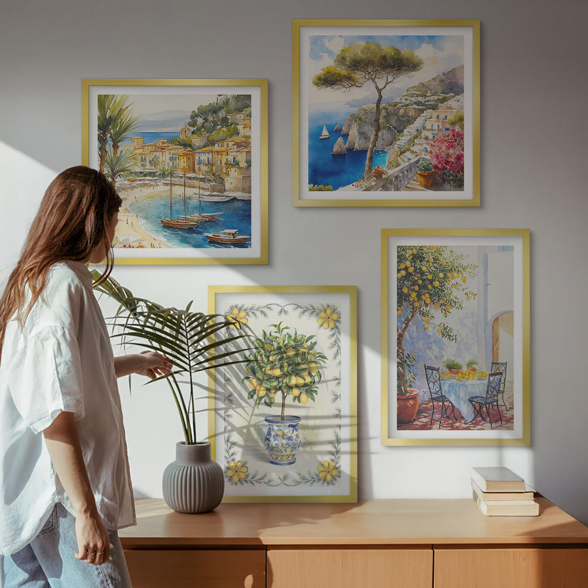 BILDER SET 4er Set - 50x50 cm & 40x60 cm Goldrahmen - Blick auf das Meer aus Zitronenbäumen - Goldfarben, Kunststoff (50/50cm) - TULUP