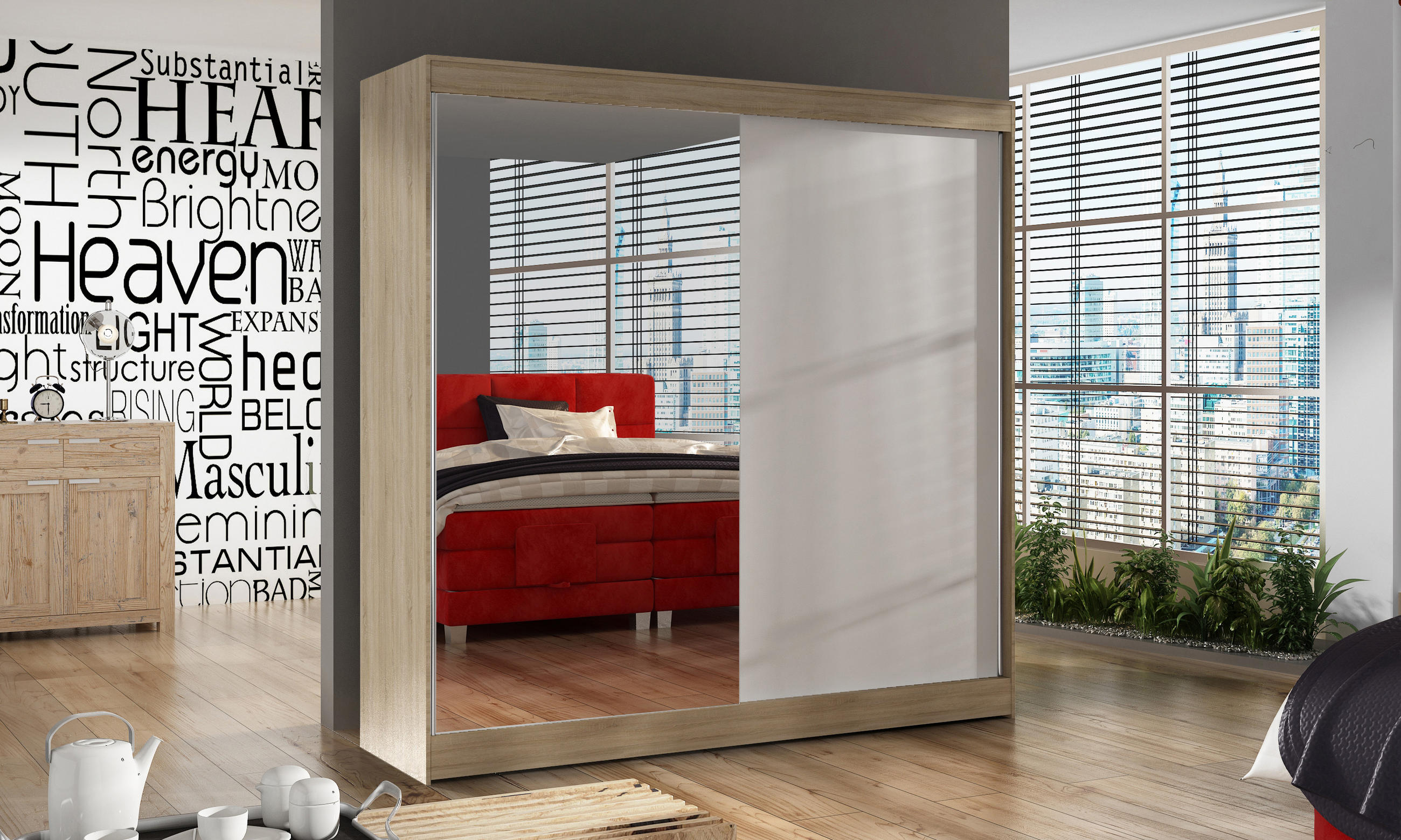 SCHWEBETÜRENSCHRANK Basti I - 200 cm - Beige/Weiß, Holzwerkstoff/Metall (200/215/58cm) - Sofnet