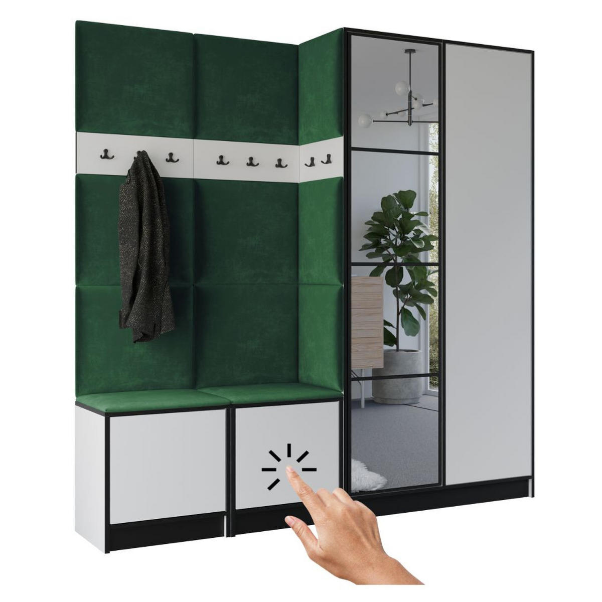 GARDEROBENSCHRANK EDEN 21 mit Spiegel - Weiß & Stoff Grün - Weiß/Grün, Holzwerkstoff (211/205/39cm) - Kier Furniture