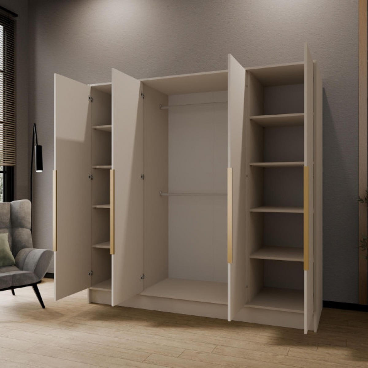 SCHRANK Kaschmir ORTO 200 G Mit Schwarzen Griffen Mit Spiegel - Beige, Holzwerkstoff (200/200/51cm) - Sepro Meble