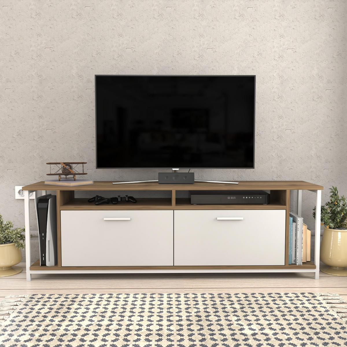 TV-ELEMENT Omar Walnuss Weiß - Walnussfarben/Weiß, Holzwerkstoff (35/50.8/160cm) - Decorotika
