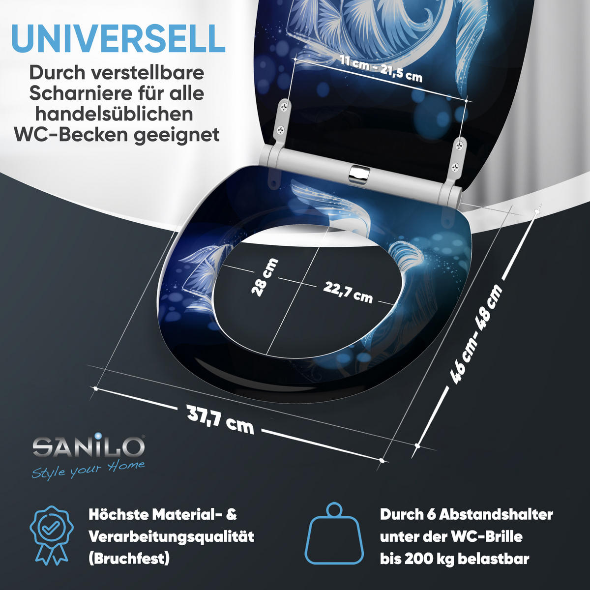 WC-SITZ mit Absenkautomatik & Top Fix Glow Turtle - Blau, Holzwerkstoff (37.7/5.5/48cm) - Sanilo