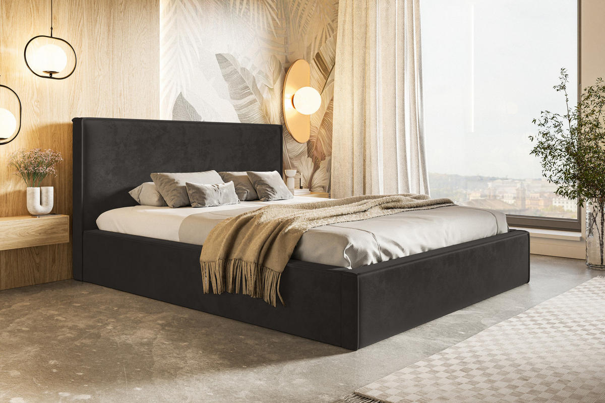 DOPPELBETT 180x200 cm mit Bettkasten Kyoto, Samtstoff, Schwarz - Schwarz, Holz/Textil (180/200cm) - Emporius